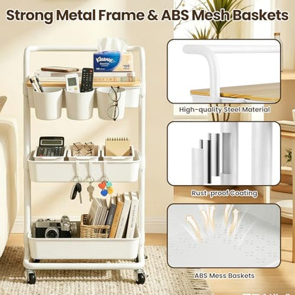 3 Tier Rolling Cart with Table Top, Utility Cart with Lockable Wheels, Hooks & Cup Holders, Multifunctional Rolling Storage Cart for Kitchen, Bathroom, Office, Bedroom, Craft, Living Room (White) - color: White