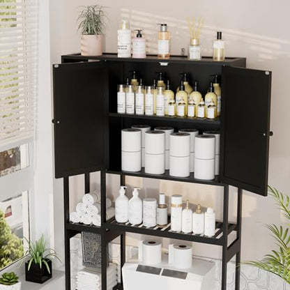 Bamboo Over The Toilet Storage, Above Toilet Organizer Storage Shelf Stand, Tall Freestanding Behind Toilet Rack, Tiered Bathroom Space Saver Shelving, Easy Assembly (Black) - color: Black