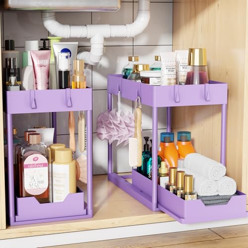 Simple Trending Under Sink Organizer 2 Pack, with Sliding Drawer, Purple | 2-Tier Multi-Use Under Shelf Organizer with Hooks, Sink Pull-Out Sliding Storage Cabinet for Kitchen Bathroom, Easy Assembly - color: Purple, size: 2 pack