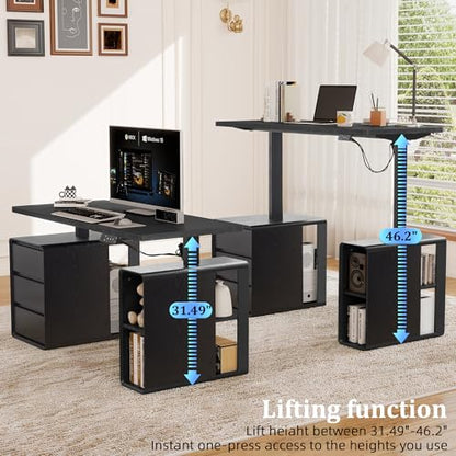 Electric Standing Desk with Drawers, 55" Office Desk Height Adjustable Executive Desk with Storage Shelves, Simple Setup Wood Desk Home Office Stand up Desk for Work, Study, Writing, Black - color: Black