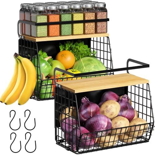 Magnetic Shelf for Fridge with Wood Lid, Fruit Potato and Onion Storage Bins, Pantry Organizers & Storage, Large Container Magnetic Spice Rack for Refrigerator, Kitchen Counter (Black, 2) - color: Black, size: 2-Small