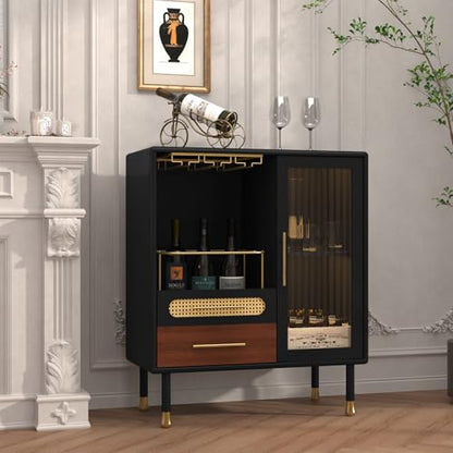 ARTPOWER Modern Coffee Bar Cabinet with Pull-Out Wine Storage, Black | Bar Cart with Wine Glass Rack and Drawers, Liquor Cabinet for Kitchen, Dining Room, Living Room - color: Black