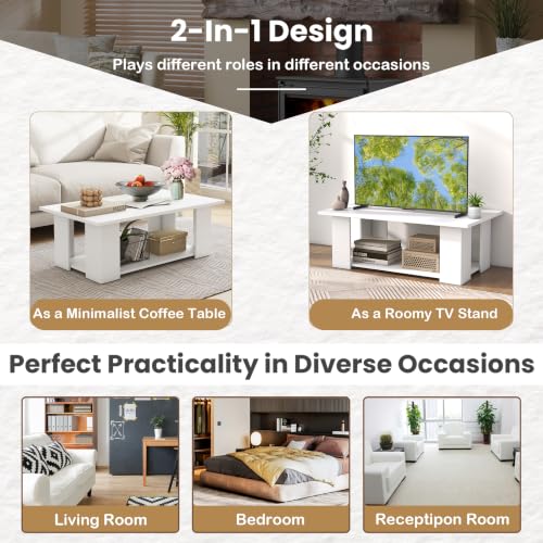 POWERSTONE 41 Inch 2-Tier Coffee Table with Storage Shelf, Wood Farmhouse Center Table with L Legs & Extra Bottom Support for Living Room, White - color: White