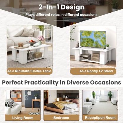 POWERSTONE 41 Inch 2-Tier Coffee Table with Storage Shelf, Wood Farmhouse Center Table with L Legs & Extra Bottom Support for Living Room, White - color: White
