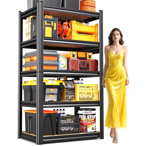 Garage Shelving Heavy Duty 5-Tier Storage Shelves, Adjustable Shelving Unit, Utility Garage Organizer Shelf for Basement, Pantry, Kitchen, Warehouse,Supermarket, 12" Dx28 Wx71.2 H, Black - size: 5-Wood-12"Dx28"Wx71.2"H