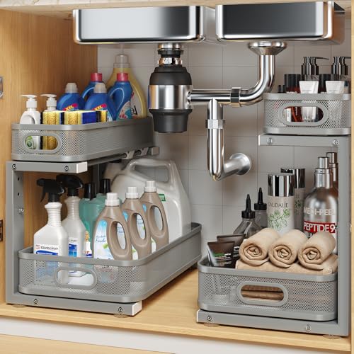 2 Pack 15.7IN-Depth Under Sink Organizer With Smooth Cylindrical Rail,2-Tier Pull Out Multi-Purpose Cabinet Storage for Bathroom&Kitchen,Height Adjustable,Rust-resistant Coating-Gun Gray - color: Gun Gray, size: 2 Pack-15.7"Dx11"-16.14"H