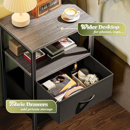 Huuger Night Stand with 2 Drawers, Bed Side Table with Open Shelf, Wooden Top, Nightstand for Bedroom, End Table for Small Space, Fabric Drawer, Grey - color: Gray and Black