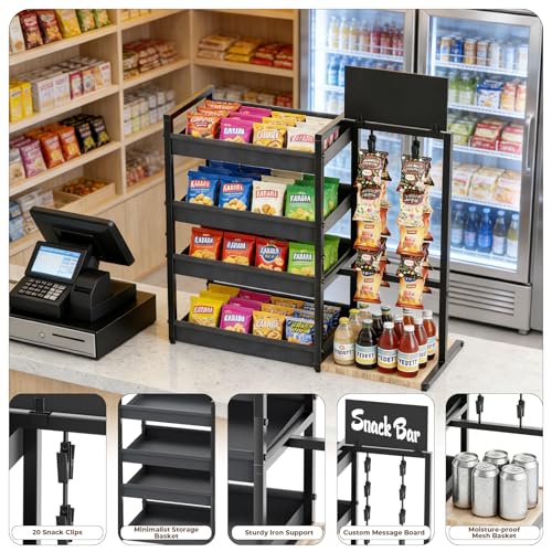 4-Tier Snack Organizer with 20 Clips, Snack Rack with Message Board | Modern Industrial Snack Cart for Kitchen Office Store Party Countertop, Matte Black Metal & Oxford Fabric Snack Storage
