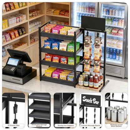 4-Tier Snack Organizer with 20 Clips, Snack Rack with Message Board | Modern Industrial Snack Cart for Kitchen Office Store Party Countertop, Matte Black Metal & Oxford Fabric Snack Storage
