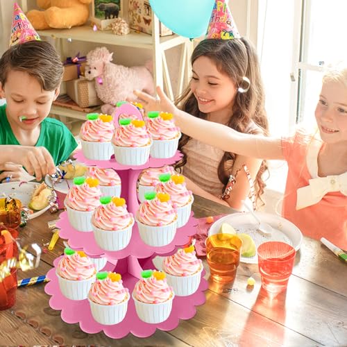 3-Tier Pink Cupcake Stand, Heart Handle Dessert Display Tower, Perfect for Girl Birthday Baby Shower Small Parties, Easy Assembly (1-Pack) ﻿ - color: Pink 1 Pack