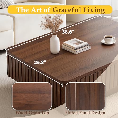 Lift Coffee Table with Hidden Storage & Adjustable Height, 38.6" Modern Fluted RGB LED Center Table with Charging Station, Wooden Accent Tea Table for Living Room & Small Apartment (Oblong) - size: Oblong
