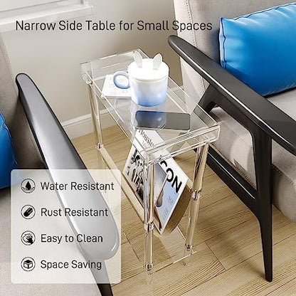 Eglaf Acrylic Narrow Side Table for Small Spaces - Slim End Table | Skinny Side Table with Magazine Holder, Small Bedside Table Nightstand for Living Room Bedroom, 15.7” L x 7” W x 23.9” H