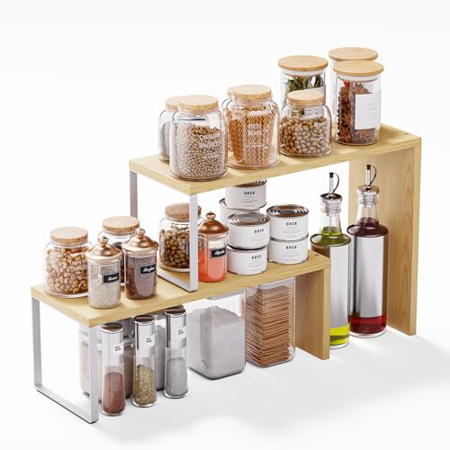 Cabinet Organizer Shelf, 2-Tier Kitchen Counter Organizer Corner Shelves Coffee Bar Organizers for Countertop Kitchen Storage Spice Rack - color: Natural Beige