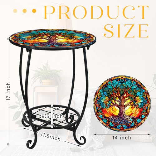 Cinnvoice Outdoor Side Table Round Small Mosaic Patio Accent Indoor End Plant Coffee Tea Table for Yard Patio Porch Garden Living Room, Bedroom(Tree Style,14 Inch) - size: 14 Inch, style: Tree Style