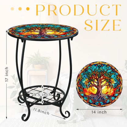 Cinnvoice Outdoor Side Table Round Small Mosaic Patio Accent Indoor End Plant Coffee Tea Table for Yard Patio Porch Garden Living Room, Bedroom(Tree Style,14 Inch) - size: 14 Inch, style: Tree Style
