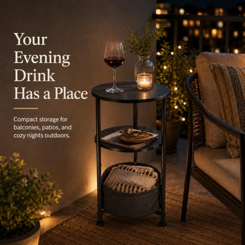 Small Round Side Table with Storage Basket, 3-Tier Narrow End Table Nightstand for Living Room Bedroom, 11.8" Diameter Modern Bedside Table for Small Spaces, Wood Grain & Metal Frame (Black) - color: Black