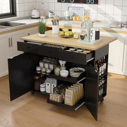 IDEALHOUSE Rolling Kitchen Island with Drop Leaf Countertop, Charging Station & Ample Storage - 47.2" Mobile Kitchen Cart On Wheels with Pull-Out Shelves, Drawers, Spice Rack & Organizer Divider