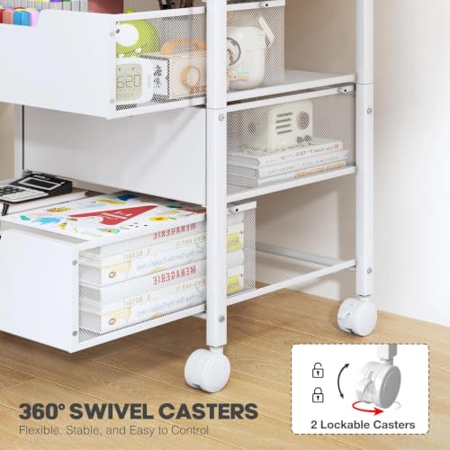 Rolling Cart with Drawers, Wooden Top and Front, with Wheels Metal Under Desk Storage Cart with 4 Drawers, for Office, Bedroom, Classroom, Home, White - color: White