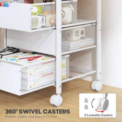 Rolling Cart with Drawers, Wooden Top and Front, with Wheels Metal Under Desk Storage Cart with 4 Drawers, for Office, Bedroom, Classroom, Home, White - color: White