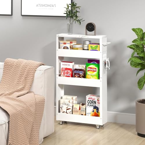 XYZLVSI Slim Storage Cart, 4 Tier Narrow Kitchen Rolling Cart with Wheels | 5.1" W narrow shelf for small spaces, 13" bottom metal utility cart with handle for bathroom/laundry, skinny storage cart - size: 5.1IN-White