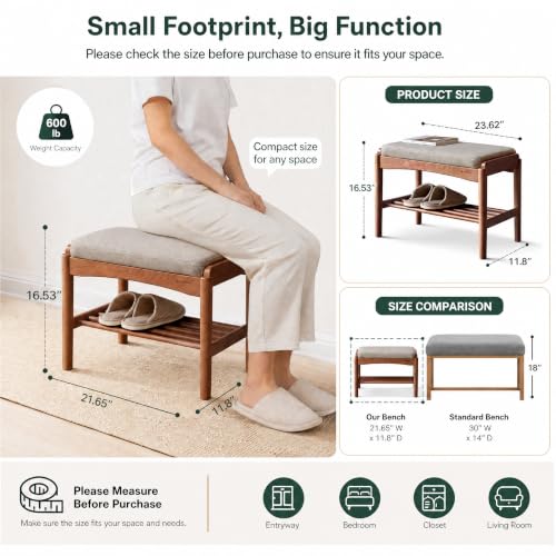 Solid Wood Shoe Bench, 24 Inch Entryway Bench with Gray Cushion | Rich walnut finish with soft gray cushion creates a warm modern seating piece for entryways and living spaces. - color: Walnut + Gray Cushion, size: 23.62"