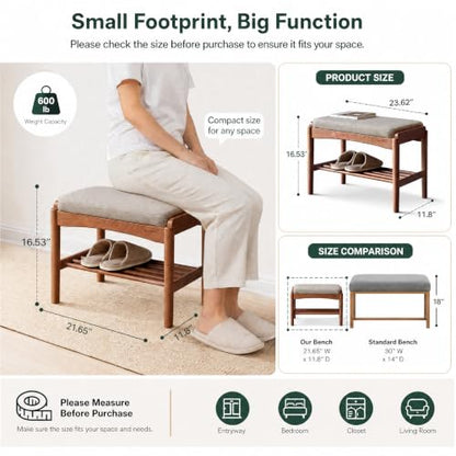 Solid Wood Shoe Bench, 24 Inch Entryway Bench with Gray Cushion | Rich walnut finish with soft gray cushion creates a warm modern seating piece for entryways and living spaces. - color: Walnut + Gray Cushion, size: 23.62"