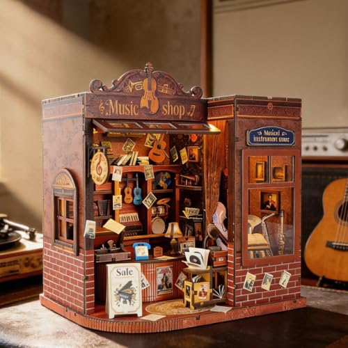 Music Shop 3D Wooden Puzzle, Book Nook Kit with LED Lights,3-Star Difficulty Craft Set for Adults & Teens, 4-6 Hours Relaxing Assembly,Unique Home Decor Birthday Gift for Music Lovers