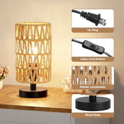 Fenmzee Small Table Lamp for Bedroom - Inline Control, Bedside Lamp with 3000K A15 LED Blub, Easy Assembly（Rattan Rope Shade-Black Base，9" Inline Control） - color: Rattan Rope Shade-Black Base