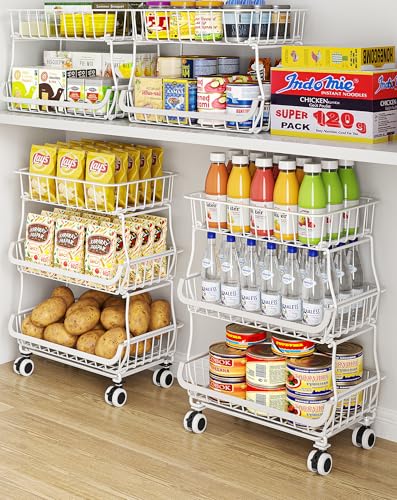 OKZEST 3-Tier Rolling Pantry Floor Organizer and Storage Cart with Wheels, Stackable Wire Pantry Baskets for Pantry Shelves, Kitchen Storage Rack and Fruit Basket Stand for Fruit Snack Onion Potato - color: White, size: 3-Tier Baskets