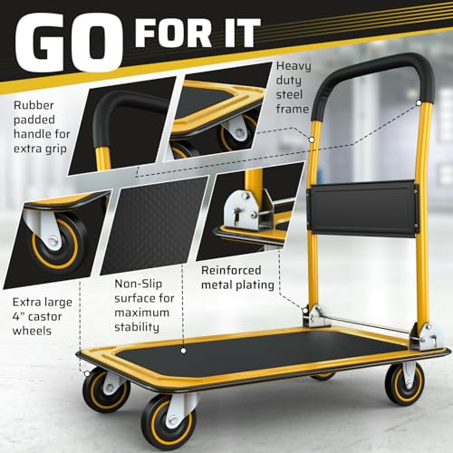 Heavy Duty Foldable Push Cart Dolly | 660 lbs. Capacity | Upgraded Collapsible Hand Truck Folding Platform with Swivel Wheels | Flat Bed Moving Wagon | Space Saving Push Handle (Yellow) - color: Yellow, 660 Lbs. Capacity