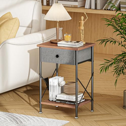 VECELO End Tables, Modern Nightstand with Fabric Drawer & Open Shelf, Night Stand for Bedroom Living Room, Industrial Metal Frame, Easy Assembly, Rustic Brown,2 Pack - color: Rustic Brown, size: 2 PACK