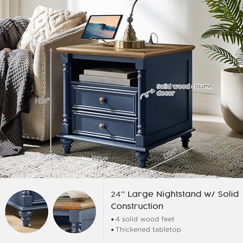 T4TREAM 24" Farmhouse Nightstands with 2 Drawers, Rustic Oak Antique Blue | 4 Solid Wood Feet, Charging Station, Tall Rustic Wood Square, Sofa Side Table, Living Room, Bedroom - color: Rustic Oak Antique Blue