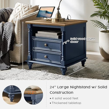 T4TREAM 24" Farmhouse Nightstands with 2 Drawers, Rustic Oak Antique Blue | 4 Solid Wood Feet, Charging Station, Tall Rustic Wood Square, Sofa Side Table, Living Room, Bedroom - color: Rustic Oak Antique Blue