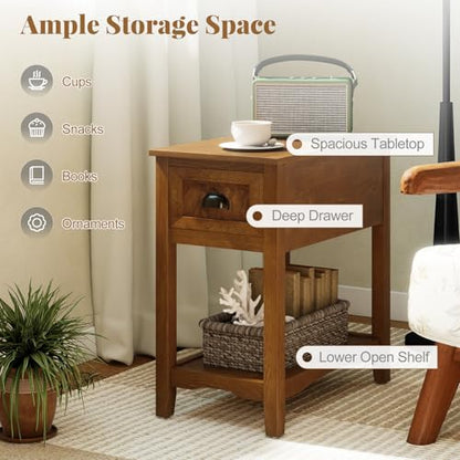 Giantex End Table with Drawer, Retro Narrow Side Table, Nightstand with Solid Wood & Storage Shelf, Bedside Table for Living Room Bedroom Small Space Home Office (2, Tawny) - color: Tawny