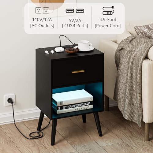 Aienvey Nightstand with Charging Station and LED Lights, Black | Small Side Table, Bedside Table with Drawer, Modern Night Stand with Light/Power Strip, End Table for Bedroom, Living Room - color: Black