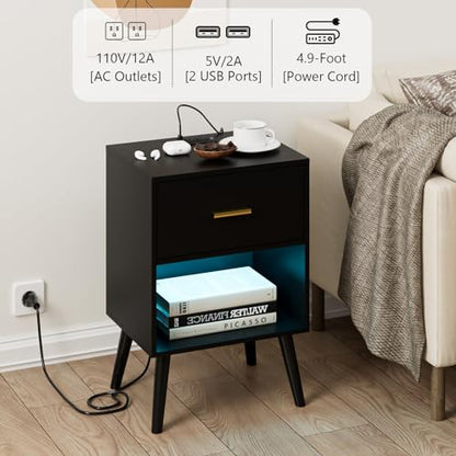 Aienvey Nightstand with Charging Station and LED Lights, Black | Small Side Table, Bedside Table with Drawer, Modern Night Stand with Light/Power Strip, End Table for Bedroom, Living Room - color: Black
