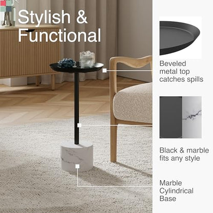 Round Metal Drink Table with Black Top and Faux Marble Base – Small Pedestal Side Table for Living Room, Bedroom, or Office – Modern Black Round Cocktail Table, Easy Assembly, Scratch-Resistant - color: Black, style: Cylinder Base