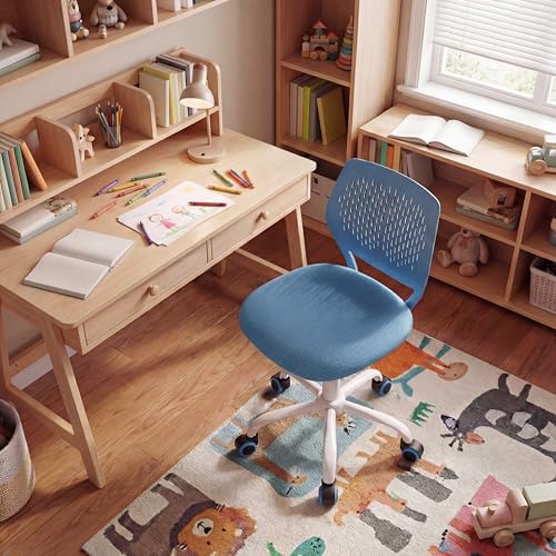 Costzon Kids Desk Chair, Armless Height Adjustable Kids Computer Chair w/Elastic Sponge Filling, Ergonomic Backrest & Sturdy 5-Point Wheels, Children Rolling Swivel Chair for Studyroom (Blue) - color: Blue