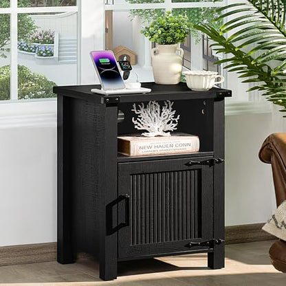Joaxswe Night Stand, 18 Inch Farmhouse Nightstand with with Charging Station and USB Port, Rustic Couch End Table with Magnetic Door, Wood Bed Side Tables for Bedroom, Home, Black - color: Black
