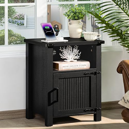 Joaxswe Night Stand, 18 Inch Farmhouse Nightstand with with Charging Station and USB Port, Rustic Couch End Table with Magnetic Door, Wood Bed Side Tables for Bedroom, Home, Black - color: Black