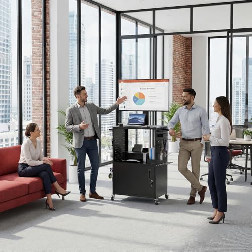 Mobile AV Cart, Heavy Duty Rolling Computer Cart with Push Handle & Hooks – Locking Cabinet, Pegboard, 4 Outlets, Lock Brake Casters – Media Utility Cart on Wheels for Office/Classroom - size: Style 2 18"D x 32"W x 40.5"H
