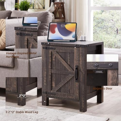 OKD 18" Farmhouse End Table Set of 2, Dark Rustic Oak | Rustic Nightstand, Charging Station, Barn Door, Adjustable Storage Shelf, Wood Sofa Side Table, Living Room, Bedroom - color: Dark Rustic Oak