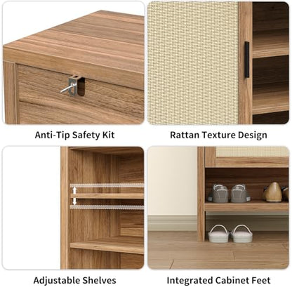 Yanosaku 46" Rattan Shoe Cabinet with 4 Adjustable Shelves & 2 Storage Drawers, Modern Boho Shoe Organizer with Large Tabletop & Open Lower Shelf, Entryway Hallway Cabinet for Shoes and Boots, Walnut