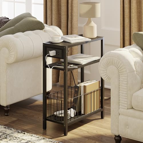 TRIFEBLE Narrow Side Table with Charging Station, Small End Table for Small Spaces, Slim Nightstand with Storage Basket, 3 Tier Skinny Bedside Table for Living Room, Bedroom, Black - color: Black, style: With Basket & Power
