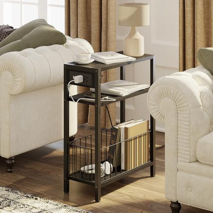TRIFEBLE Narrow Side Table with Charging Station, Small End Table for Small Spaces, Slim Nightstand with Storage Basket, 3 Tier Skinny Bedside Table for Living Room, Bedroom, Black - color: Black, style: With Basket & Power