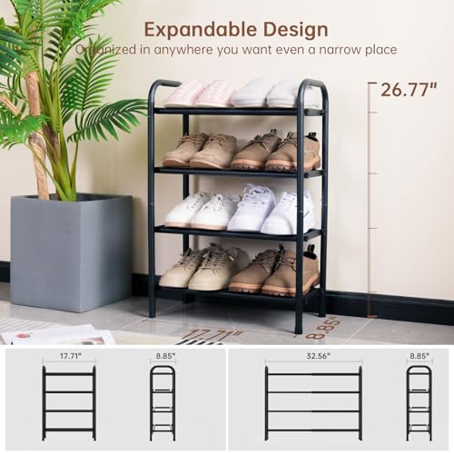 Gonfoam 4-Tier Expandable Shoe Rack,Adjustable Shoe Shelf Storage Organizer Heavy Duty Metal Free Standing Shoe Rack for Entryway Closet Doorway (Black) | Tool-Free Assembly, Metal Material, Adjustable Shoe Organizer, Sturdy, Small Space Solution, Dorms,