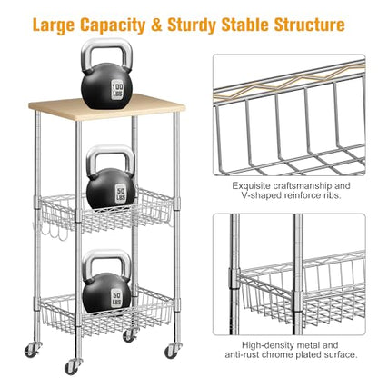 Homeiju Rolling Kitchen Storage Cart, 3-Tier Storage Rack on Caster Wheels with Adjustable 2 Baskets, Coffee Station Cart Rack Shelf Organizer for Living Room Office, Balcony, Chrome/Silver