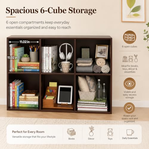 6-Cube Bookcase, 2-Tier Solid Wood Storage Organizer Brown 35.4in | Open Bookcase for Bedroom, Study, Bookstore & Office