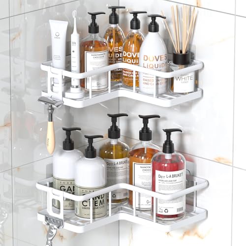 YASONIC Corner Shower Caddy Adhesive, 100% Rustproof Shower Organizer, No Drill Shower Shelf for Inside Shower, Wall-Mounted Shower Storage for Homes (2 Pack, White) - color: White