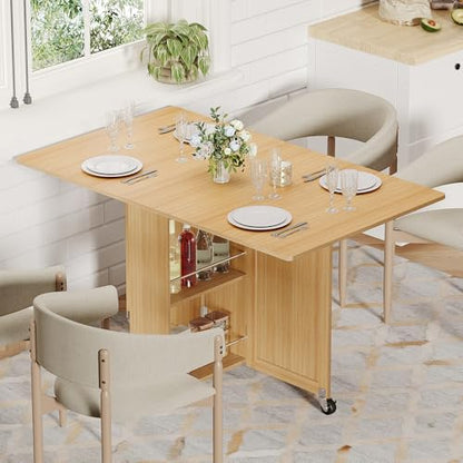 3imothrix Folding Dining Table, Dinner Table with Drawer and Storage and Shelves, Space Saving Dining Table with 6 Wheels, Kitchen Table for Small Spaces (Oak) - color: Oak